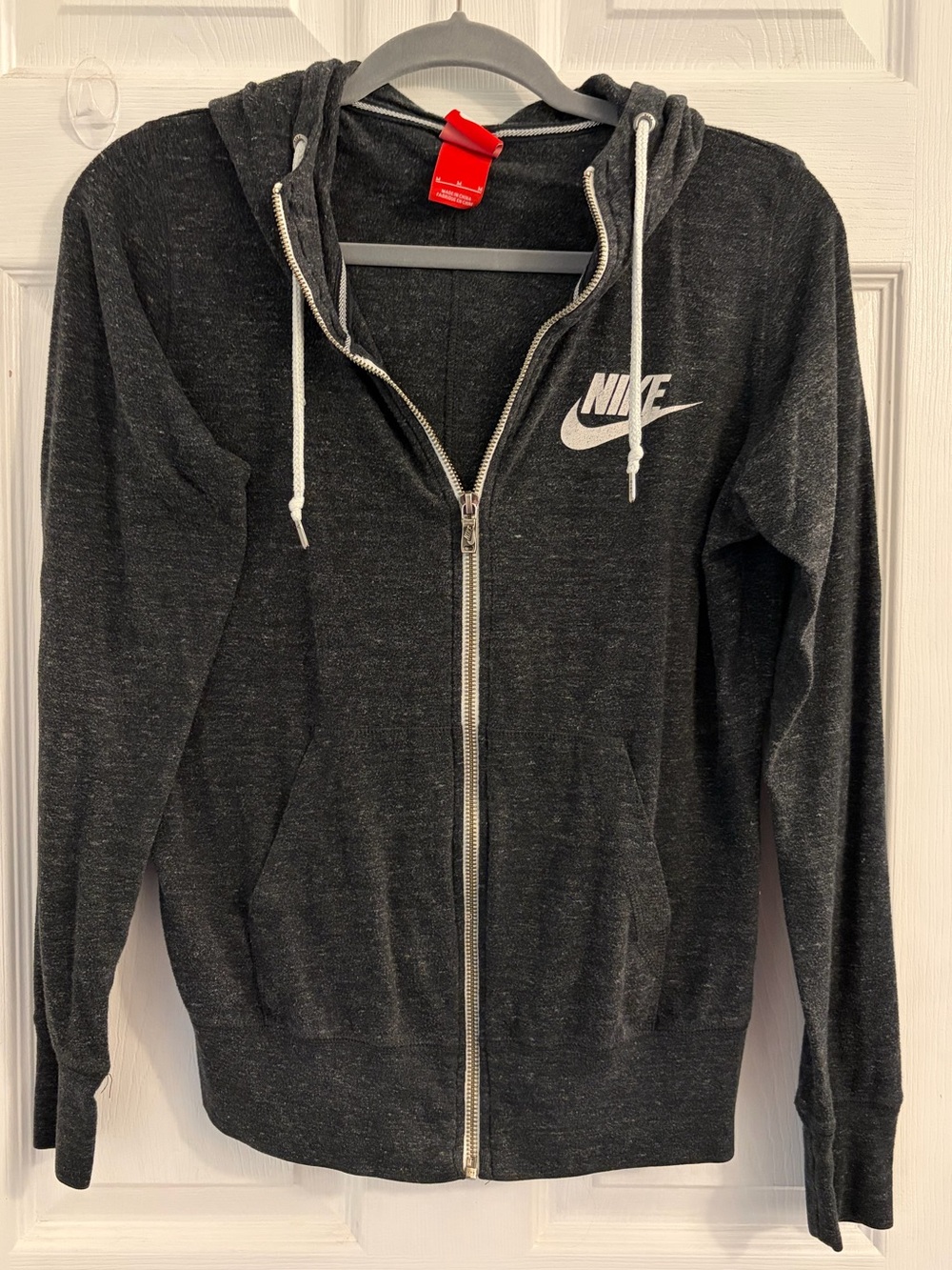 Nike Dark Gray Full-Zip Hoodie with White Logo. Size medium